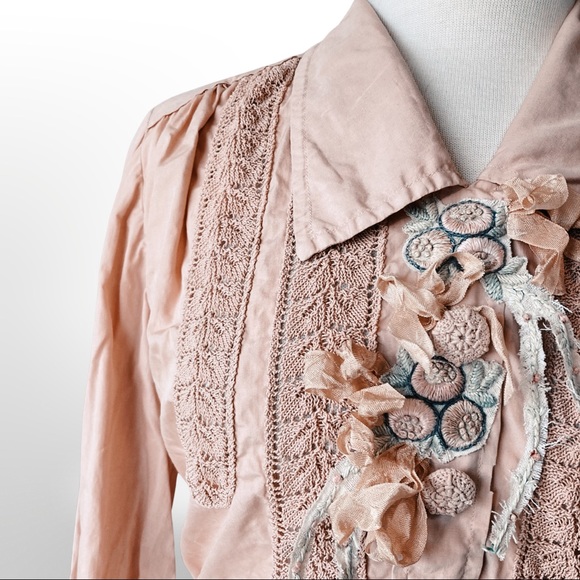 Antique Cotton Blouse w/ Crochet, Embroidery, and Ribbons Cropped Length OOAK - Picture 9 of 14